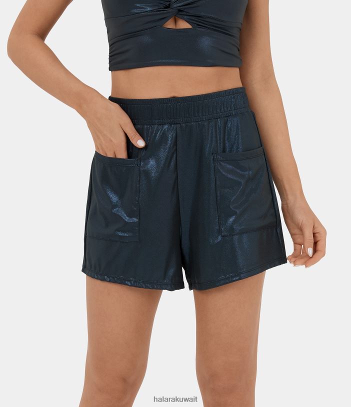 ملابس رياضية لامعة منتصف الليل الأزرق TDP4N1548 نحيف Halara شورت Softlyzero من الجلد الصناعي بخصر عالٍ وجيب جانبي وطباعة فويل كاجوال قابل للتمدد 3''