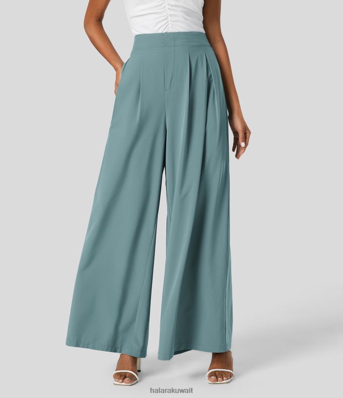 ملابس الحجر الأزرق TDP4N154 نحيف Halara بنطال كاجوال بخصر عالٍ وجيب جانبي مطوي وواسع الساق وواسع ومتين بالازو سريع الجفاف