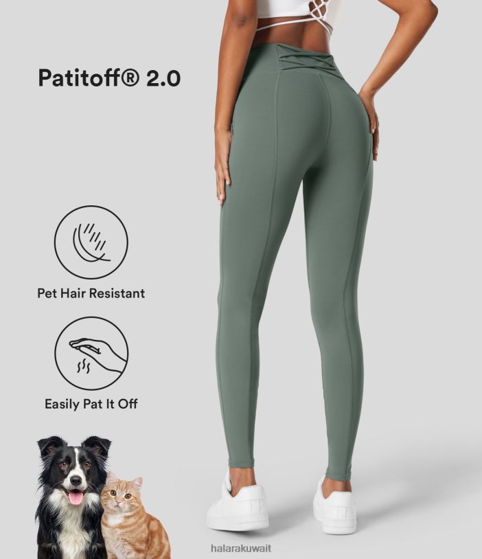 ملابس واشنطن الرمادية الخضراء TDP4N1551 نحيف Halara باتيتوف 2.0 سروال ضيق مقاوم لشعر الحيوانات الأليفة عالي الخصر وجيب جانبي متقاطع كاجوال بطول كامل