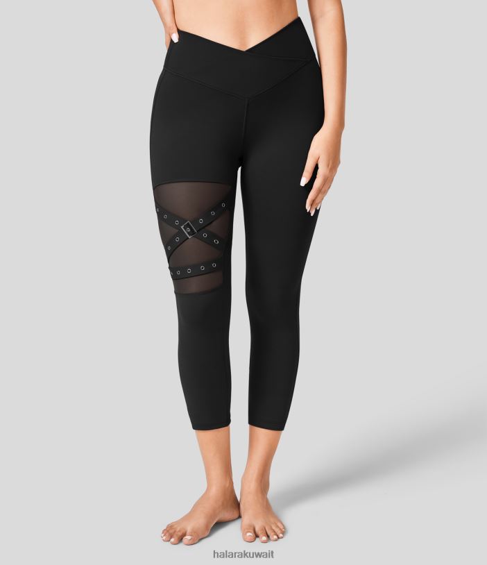 ملابس رياضية أسود TDP4N1554 نحيف Halara بنطال كابري لليوجا مزود بإبزيم شبكي متباين عالي الخصر