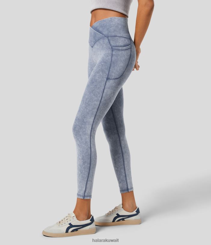 ملابس رياضية الأزهار المطر الأزرق TDP4N1559 نحيف Halara بنطال ضيق كاجوال بخصر عالٍ وجيب جانبي مغسول مقاس 7/8