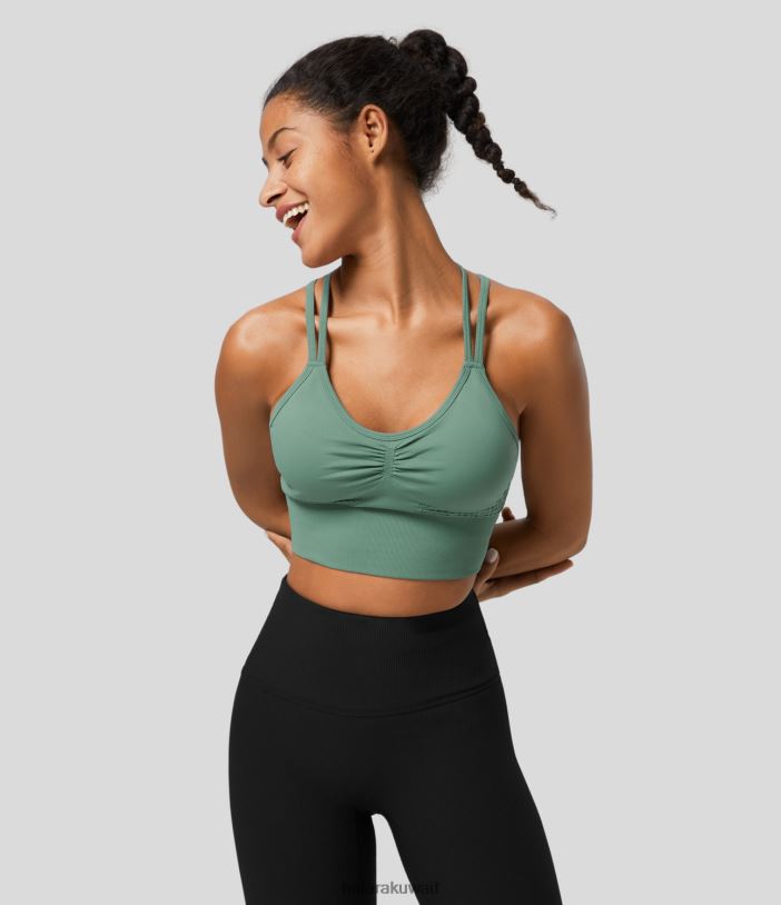 ملابس رياضية سمك السالمون TDP4N1576 نحيف Halara حمالة صدر رياضية متقاطعة بدون ظهر مع أشرطة مزدوجة مكشكشة ودعم منخفض وتدفق سلس