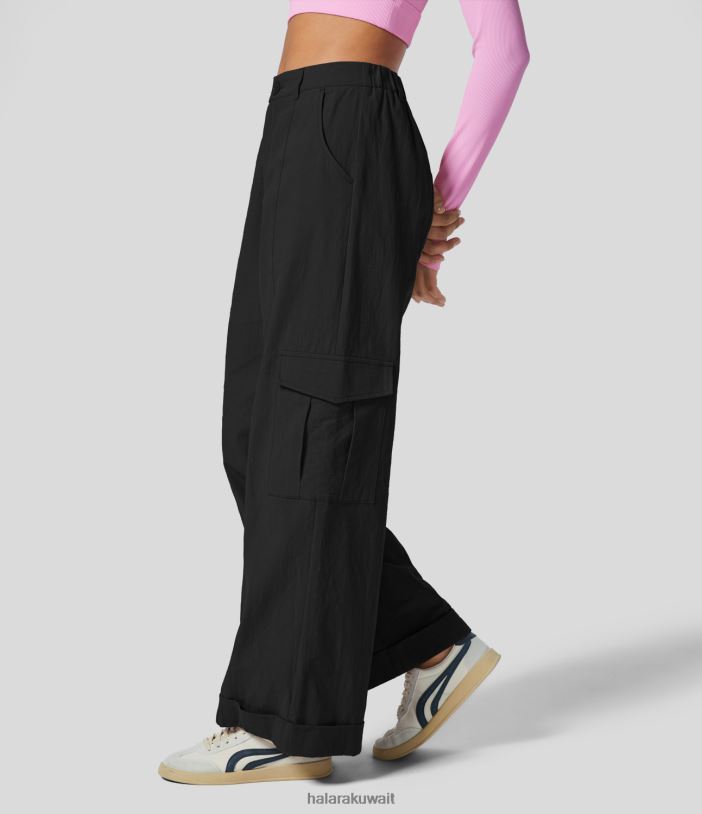 ملابس أسود TDP4N157 نحيف Halara سروال كارجو قطني عالي الخصر وسحاب وجيوب متعددة وأرجل واسعة