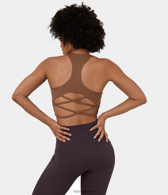 ملابس رياضية الخروب البني TDP4N1597 نحيف Halara حمالة صدر رياضية لليوجا ذات دعم منخفض ورقبة على شكل حرف U بدون ظهر وظهر متقاطع