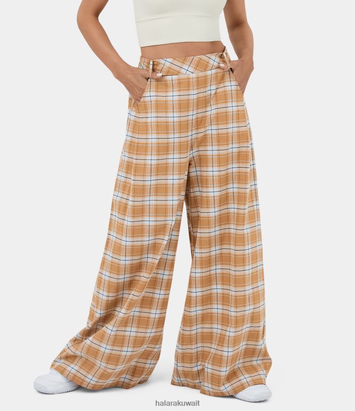 ملابس تان منقوشة TDP4N159 نحيف Halara بنطلون قطني غير رسمي منقوش بجيب جانبي عالي الخصر ومطوي وواسع الساق