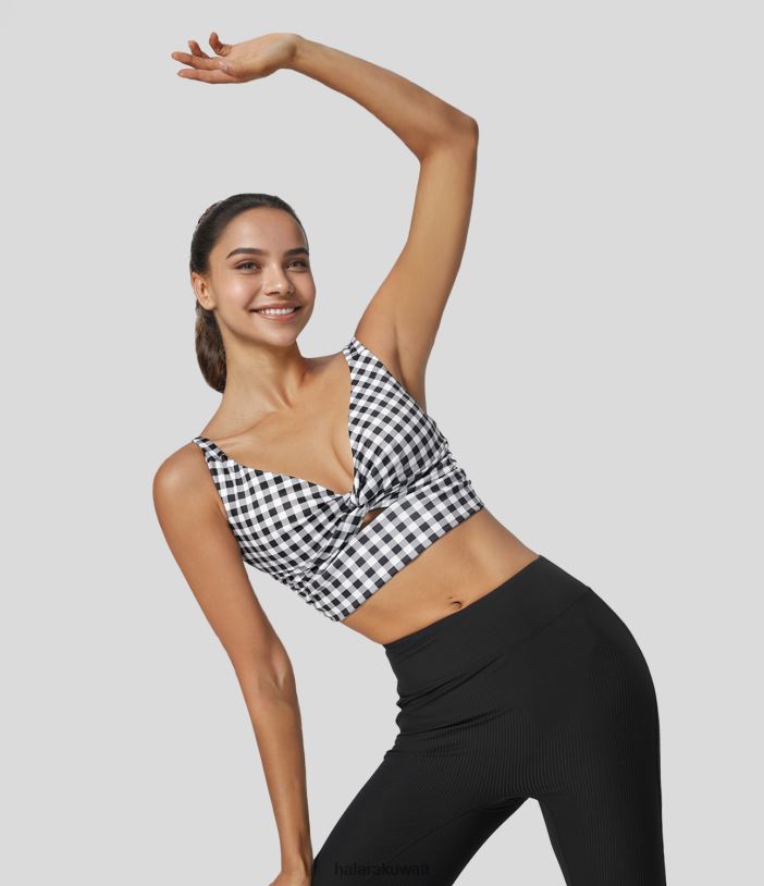 ملابس رياضية أبيض أسود منقوشة TDP4N1601 نحيف Halara حمالة صدر رياضية لليوجا منقوشة ذات دعم منخفض ومقصوصة بدون ظهر