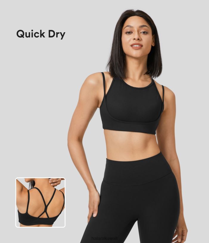 ملابس رياضية أسود TDP4N1608 نحيف Halara حمالة صدر رياضية للركض برقبة دائرية ودعم متوسط ​​من Speedwave بدون ظهر وشبكة متباينة سريعة الجفاف