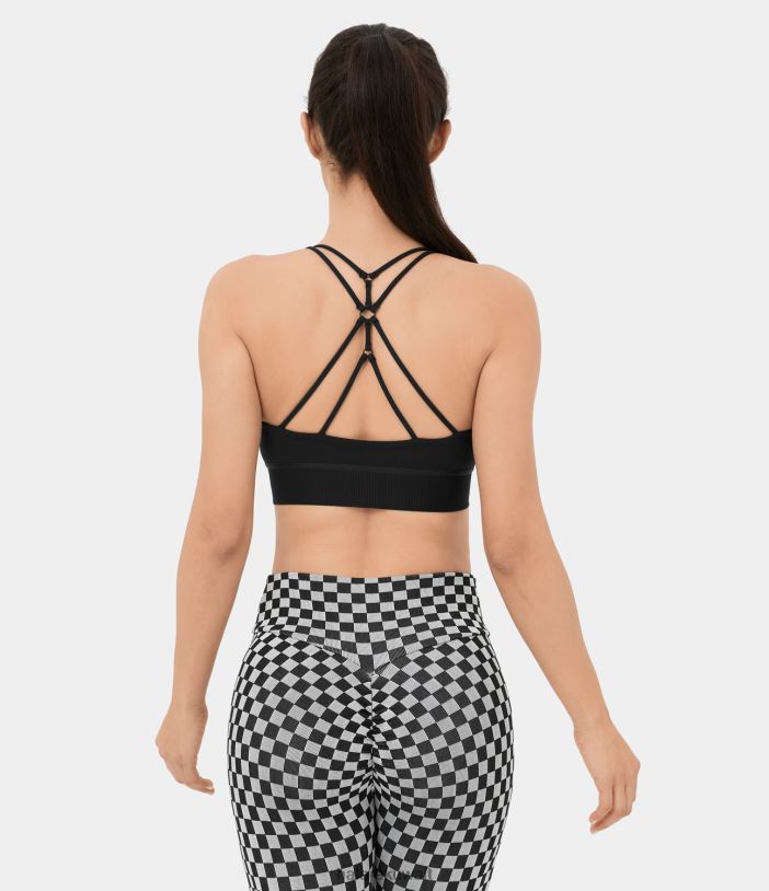 ملابس رياضية أسود TDP4N1611 نحيف Halara حمالة صدر رياضية لليوجا بحاشية مضلعة ودعم منخفض وفتحة رقبة على شكل حرف U بدون ظهر