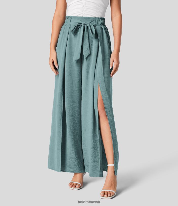 ملابس ندى الصباح الأخضر TDP4N161 نحيف Halara سروال Palazzo غير رسمي واسع الخصر وربطة عنق أمامية مطوية ومقسمة وواسعة الساق