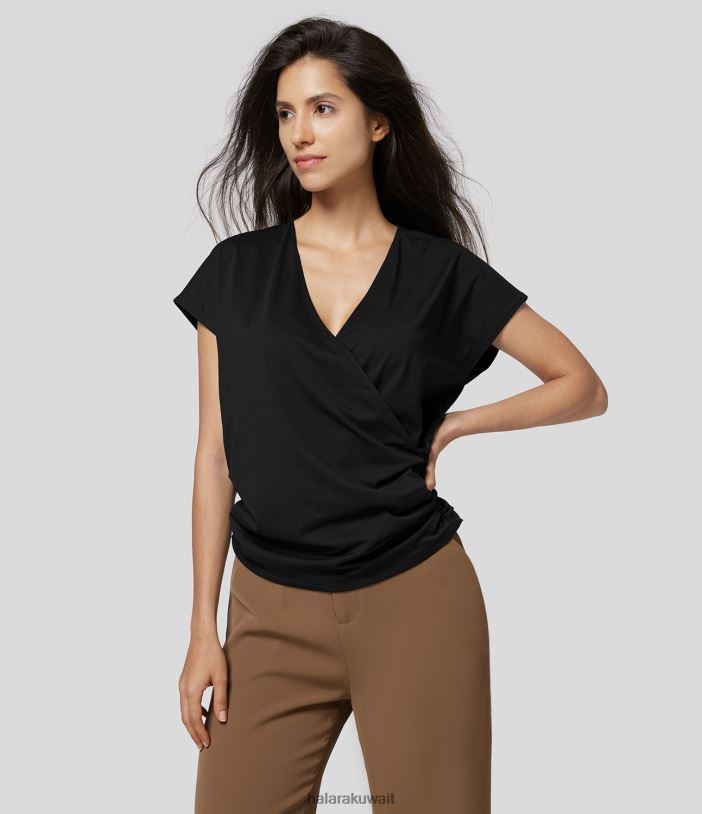 ملابس أسود TDP4N1623 نحيف Halara بلوزة عمل متينة مكشكشة ورقبة على شكل حرف V وأكمام قصيرة