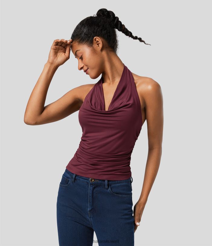 ملابس المارون الجديد TDP4N1624 نحيف Halara الرسن الرقبة الطربوش عارية الذراعين ruched عارضة تانك الأعلى