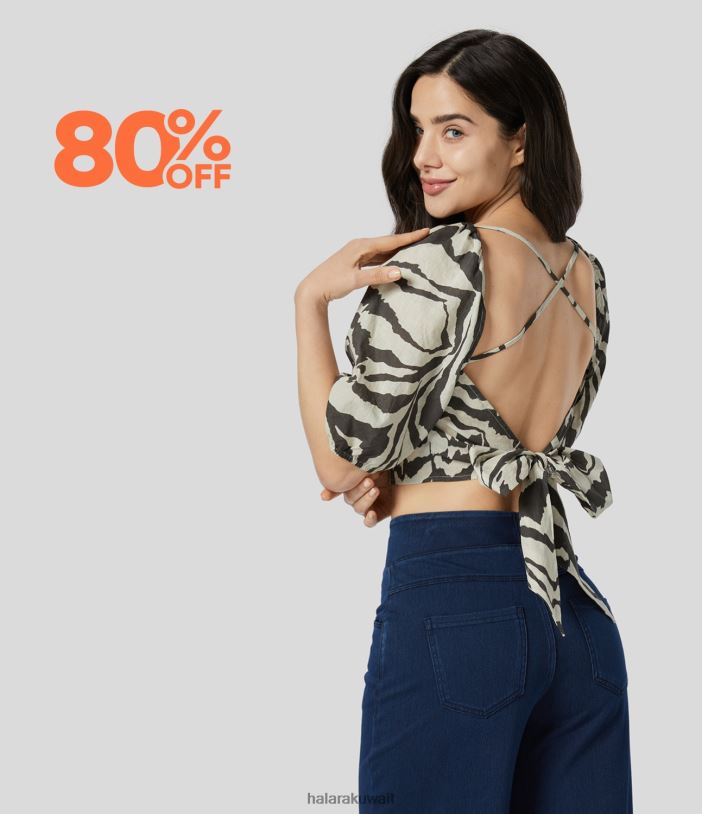 ملابس الحمار الوحشي TDP4N1626 نحيف Halara بلوزة قطنية كاجوال قصيرة برقبة مربعة وأكمام منتفخة وظهر مكشوف وشريط خلفي مطبوع