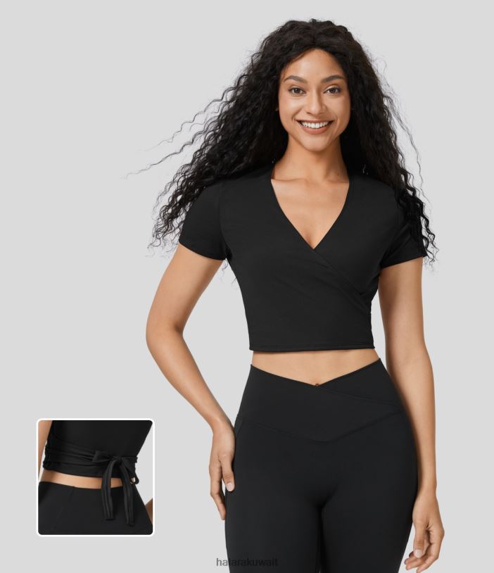 ملابس أسود TDP4N1632 نحيف Halara بلوزة كاجوال قصيرة الأكمام برقبة على شكل حرف V ملفوفة وربطة عنق في الخلف