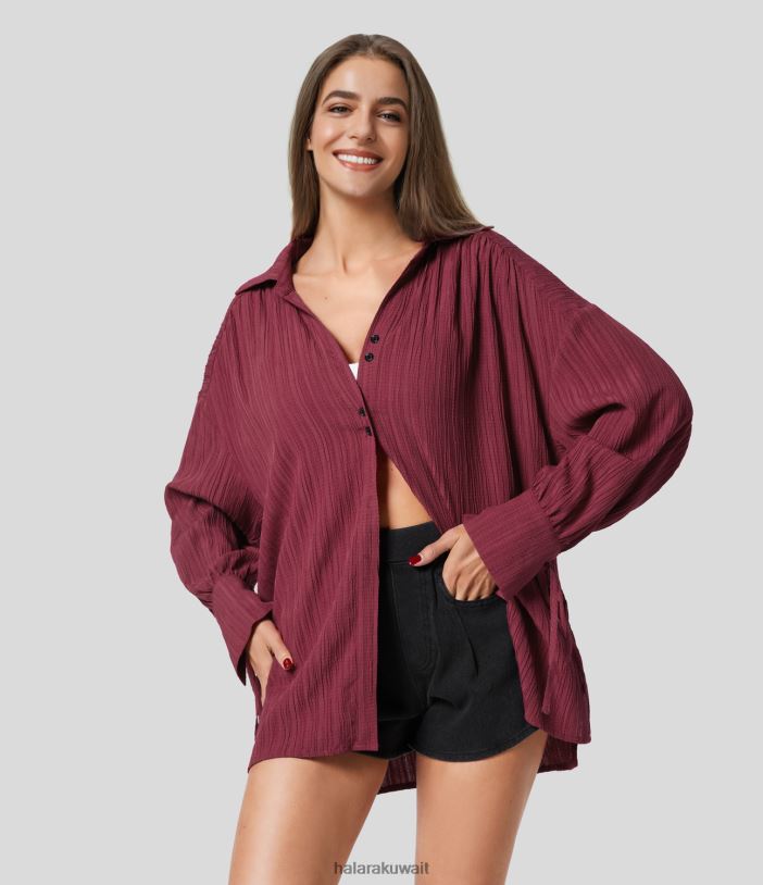 ملابس سيراه TDP4N1633 نحيف Halara قميص كاجوال كبير الحجم بياقة معقودة وأزرار خلفية وأزرار أمامية