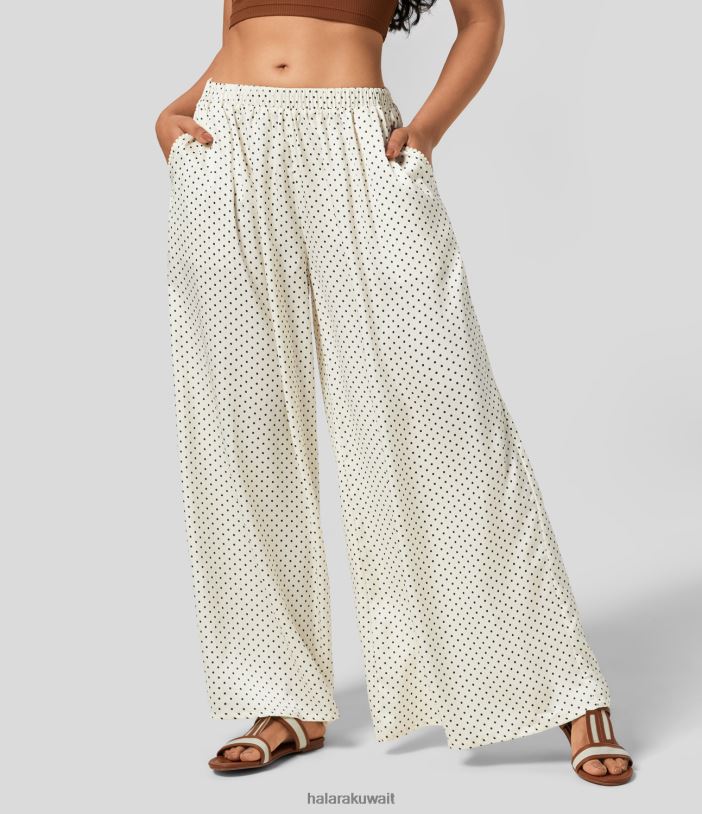 ملابس نقاط منقطة باللون البيج الفاتح TDP4N163 نحيف Halara بنطلون منتجعي واسع الساق وجيب جانبي مطوي متوسط ​​الارتفاع