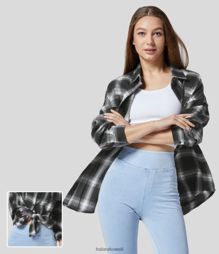 ملابس أسود رمادي منقوشة TDP4N1645 نحيف Halara قميص كاجوال منقوش بياقة وجيب وأزرار أمامية وحاشية منحنية