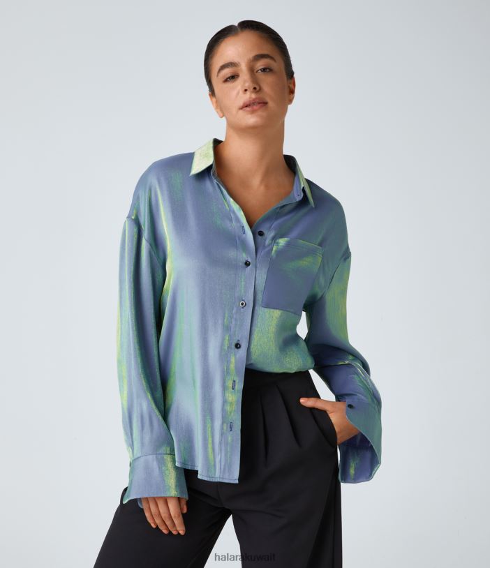 ملابس التروبوسفير TDP4N1647 نحيف Halara قميص عمل كبير الحجم بياقة وجيب على الصدر وحاشية منحنية مرتفعة ومنخفضة