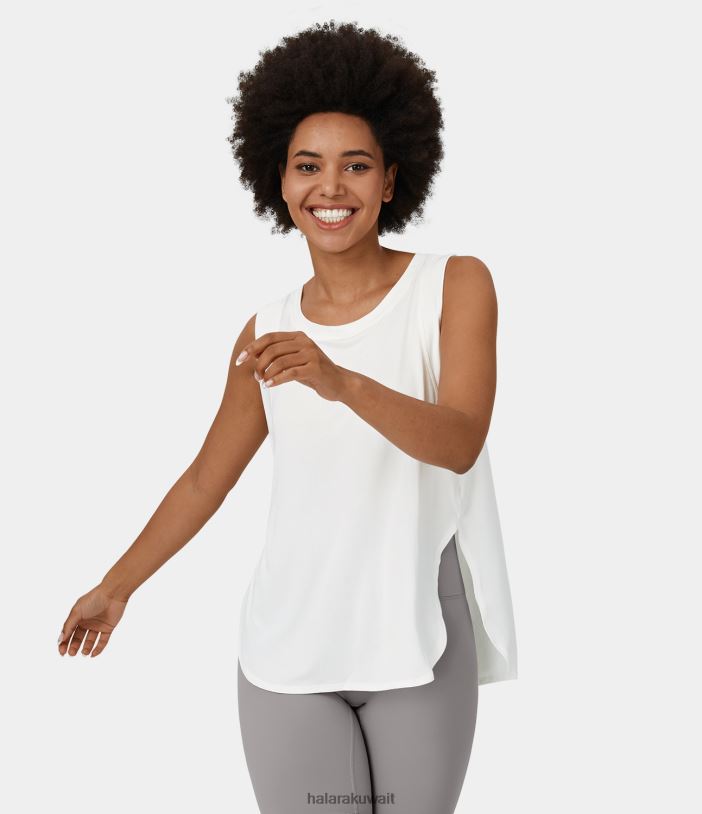 ملابس أبيض TDP4N1652 نحيف Halara تيشيرت كاجوال برقبة دائرية وحاشية مقسمة