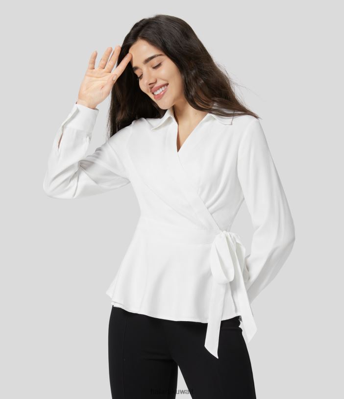 ملابس أبيض TDP4N1656 نحيف Halara قميص كاجوال ذو ياقة ملفوفة وأكمام طويلة وحاشية مكشكشة