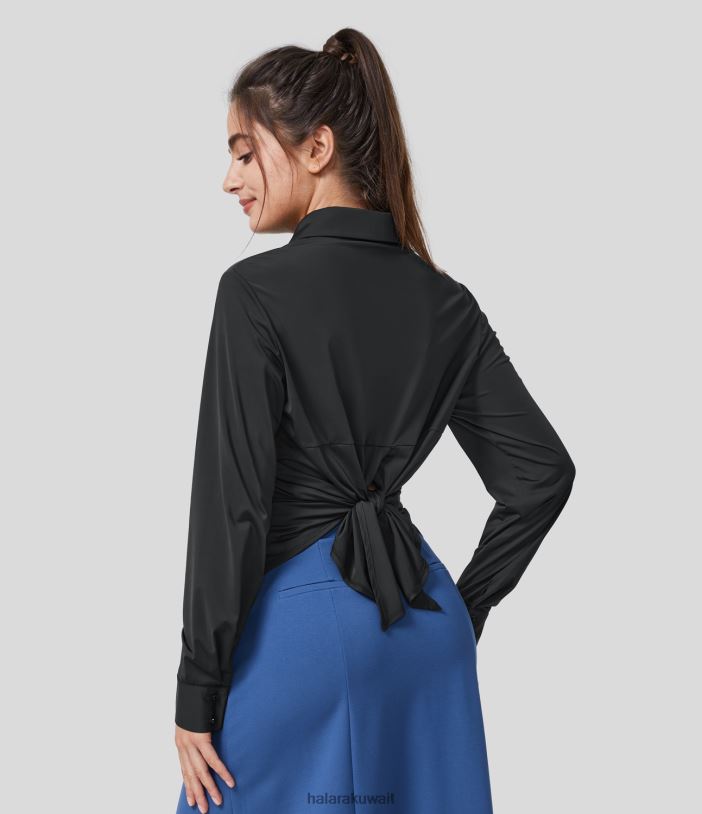 ملابس أسود TDP4N1659 نحيف Halara قميص عمل ذو زر بياقة وأكمام طويلة وربطة عنق خلفية ذات ملمس رائع