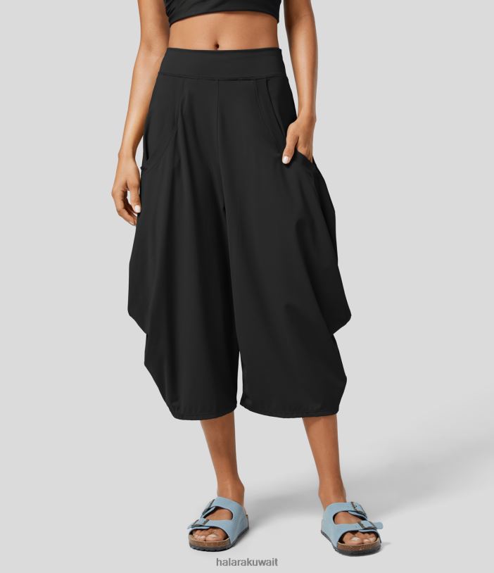 ملابس رياضية أسود TDP4N165 نحيف Halara بنطال يوغا كابري واسع الساق بجيوب متعددة متوسط ​​الارتفاع