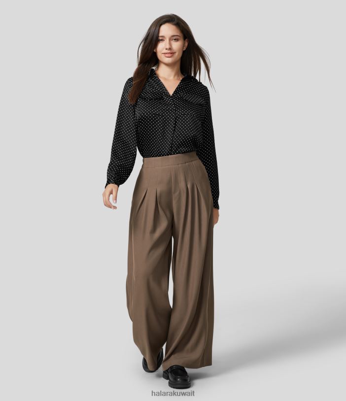 ملابس نقاط سوداء TDP4N1661 نحيف Halara قميص عمل بأزرار بياقة على الصدر وأكمام طويلة وجيب على الصدر