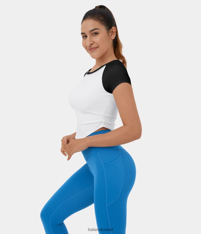 ملابس أسود TDP4N1662 نحيف Halara Softlyzero تي شيرت كاجوال قصير ذو ملمس رائع وحاشية منحنية مكشكشة