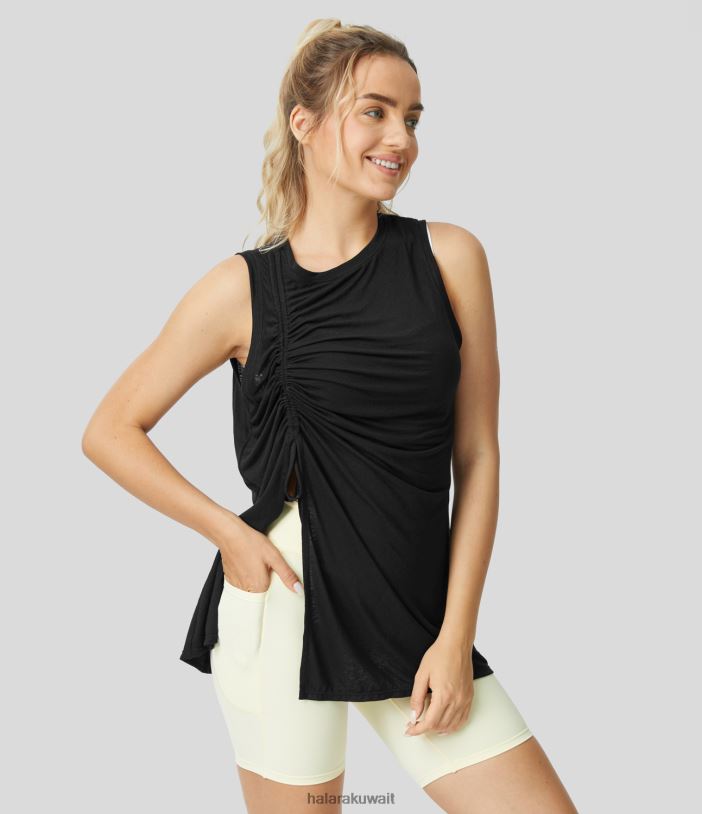 ملابس أسود TDP4N1668 نحيف Halara قميص بدون أكمام كاجوال برقبة دائرية وحاشية مقسمة من قماش الجاكار العادي