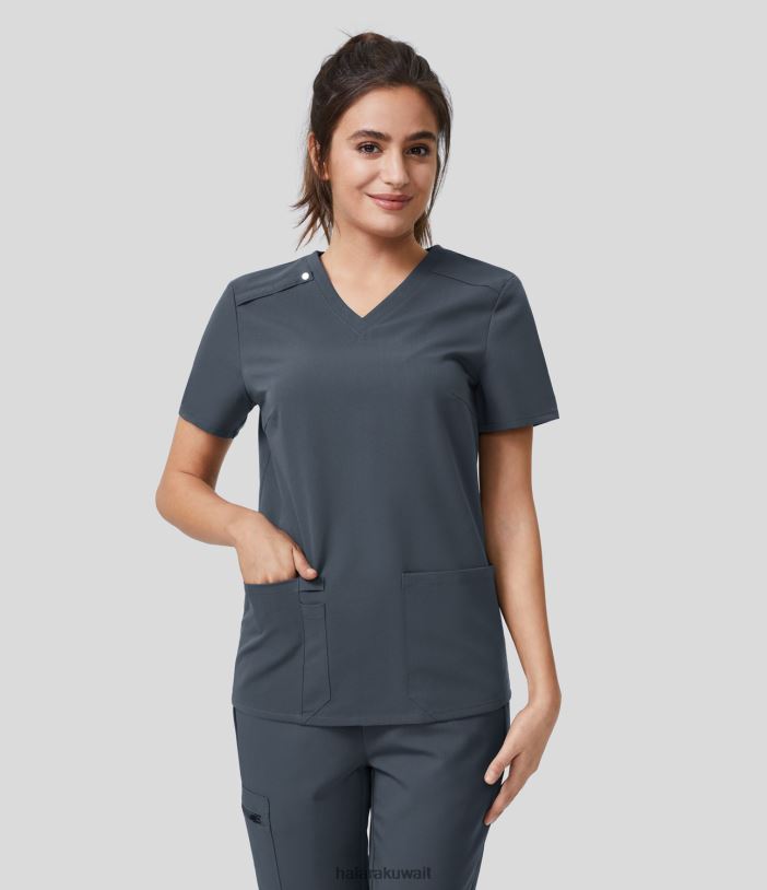 ملابس الضباب الرمادي الأزرق TDP4N1669 نحيف Halara بلوزة عمل بفتحة قلم وفتحة أمامية متعددة الوظائف برقبة على شكل حرف V