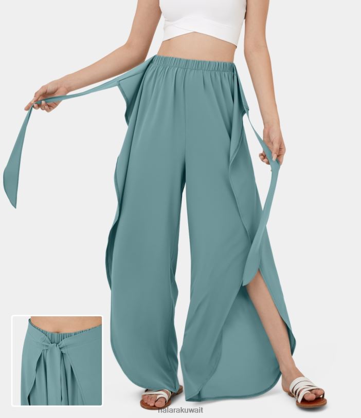 ملابس رياضية الأزرق المعدني TDP4N167 نحيف Halara بنطال كاجوال ذو خصر عالٍ وربطة عنق أمامية بالازو انسيابي واسع الساق وسريع الجفاف