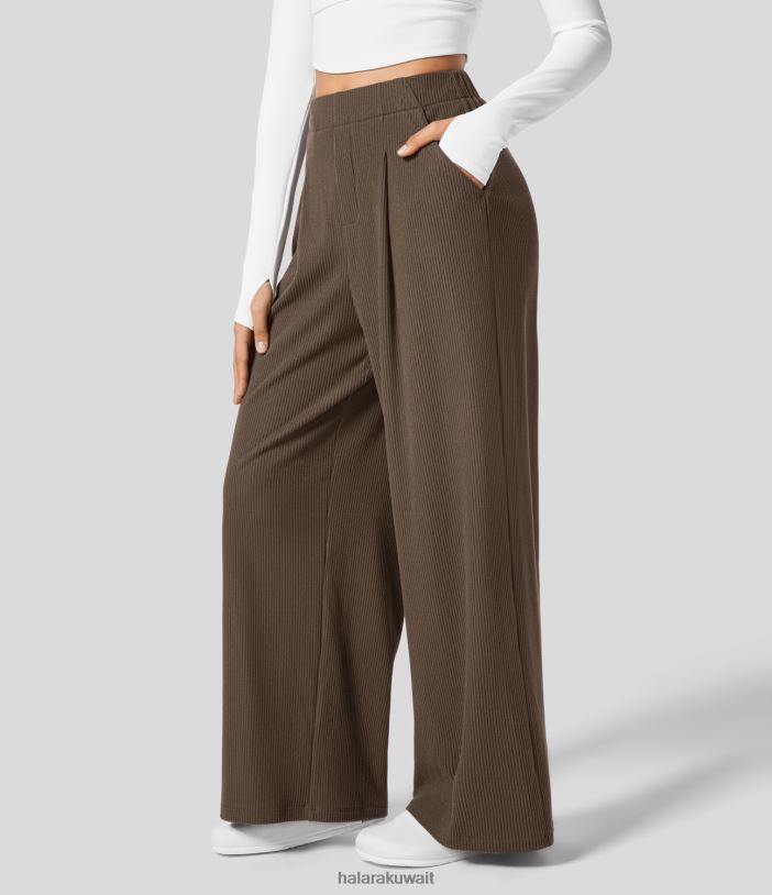 ملابس بني ترابي سميك TDP4N169 نحيف Halara بنطال كاجوال مضلع بخصر عالٍ وجيب جانبي مطوي وواسع الساق