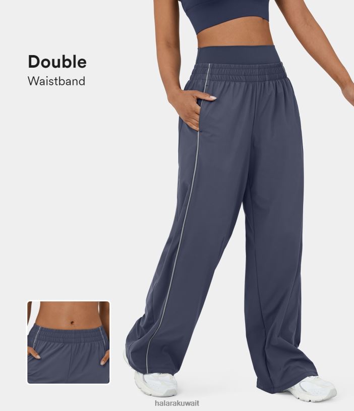 ملابس رياضية ظل الليل الأزرق TDP4N171 نحيف Halara بنطال كاجوال بحزام خصر مزدوج وجيب جانبي وحواف متباينة بأرجل واسعة