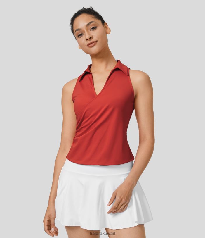 ملابس رياضية الخشخاش الشجاع TDP4N1720 نحيف Halara قميص جولف بدون أكمام بفتحة رقبة على شكل حرف V ومكشكش وسريع الجفاف