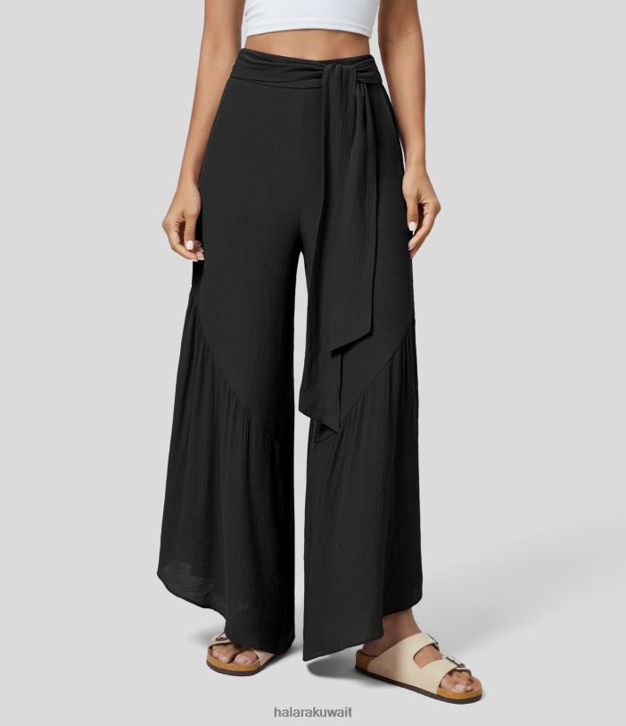 ملابس أسود TDP4N172 نحيف Halara سروال كاجوال واسع الساق وربطة عنق أمامية وسحاب جانبي وجيب جانبي واسع الساق