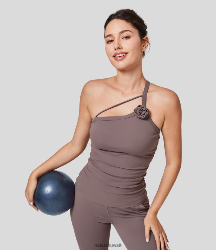 ملابس رياضية بني عميق للشاي TDP4N1731 نحيف Halara بلوزة يوجا كامي مكشكشة بكتف واحد وظهر مكشوف