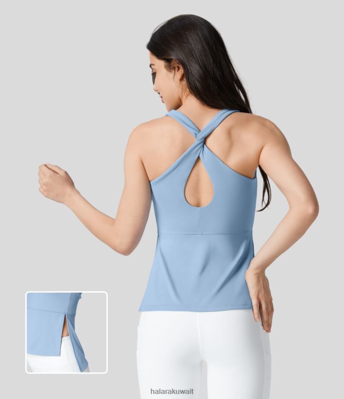 ملابس رياضية بيل اير بلو TDP4N1743 نحيف Halara سترة علوية لليوجا بفتحة رقبة مربعة من Softlyzero بدون ظهر ومتقاطعة وظهر ملتوي وحاشية مرتفعة ومنخفضة وملمس رائع لليوجا