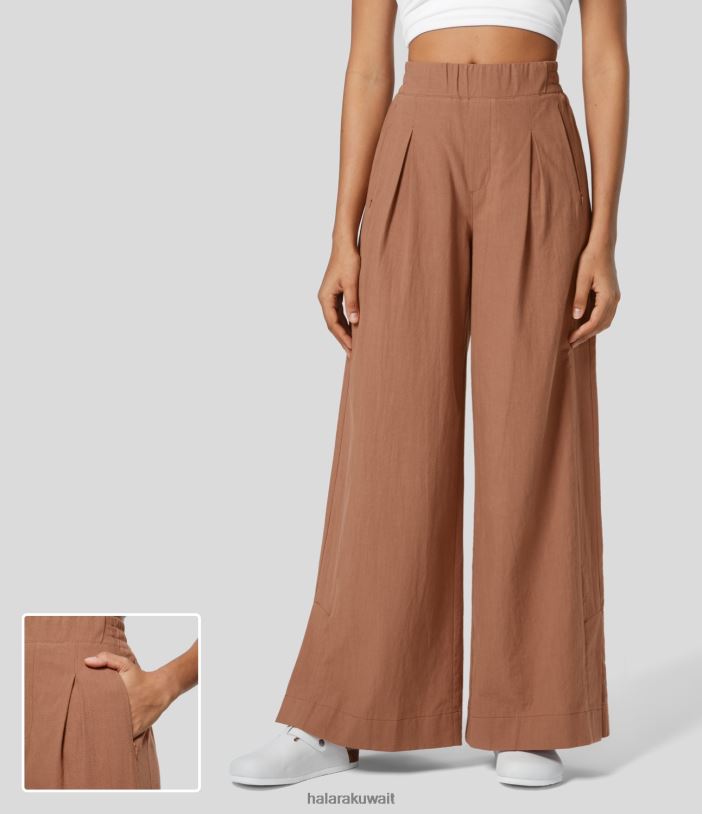 ملابس الصدأ الأحمر TDP4N174 نحيف Halara سروال قطني غير رسمي بسحاب عالي الخصر وجيب جانبي وحاشية مقسمة وساق واسعة