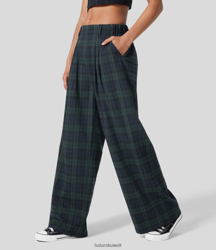 ملابس منقوشة خضراء زرقاء TDP4N175 نحيف Halara بنطال كاجوال بخصر عالٍ وجيب جانبي مطوي ومنقوش بأرجل واسعة