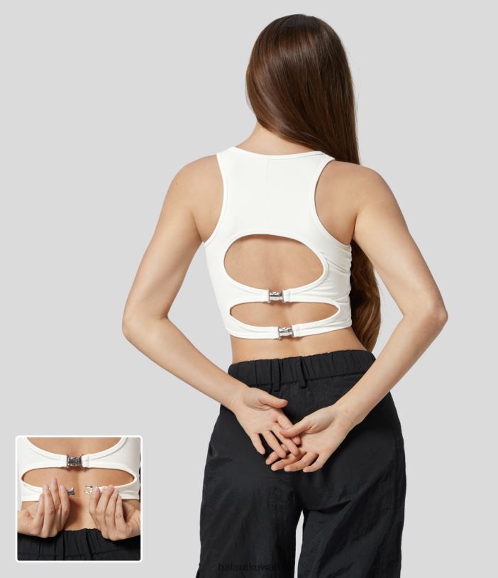 ملابس رياضية أبيض TDP4N1774 نحيف Halara سترة علوية كاجوال بدون أكمام من القطيفة بدون ظهر وإبزيم من Softlyzero