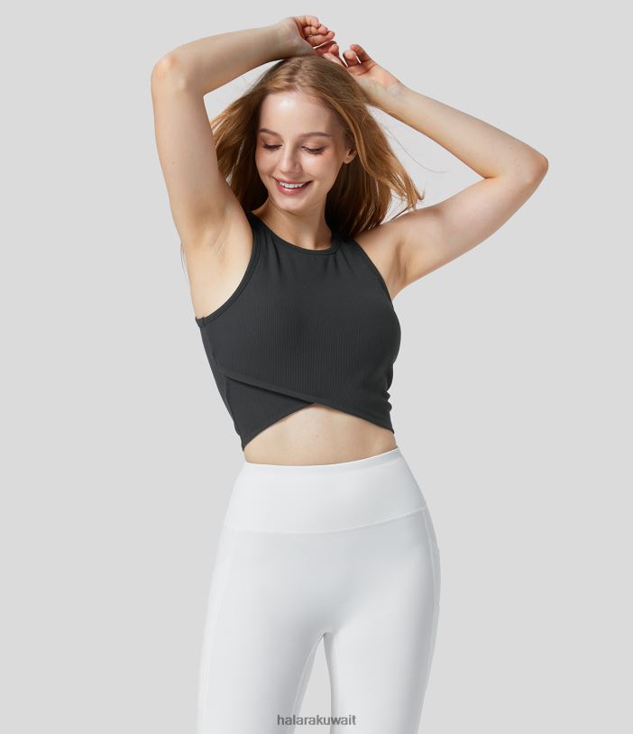 ملابس رياضية أسود TDP4N1775 نحيف Halara سترة يوجا صلبة بدون أكمام برقبة دائرية مضلعة بدون أكمام وحاشية متقاطعة من Softlyzero