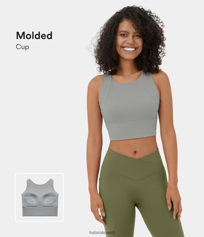 ملابس رياضية شبح رمادي TDP4N1783 نحيف Halara قميص يوغا قصير بياقة دائرية وظهر متسابق بدون ظهر
