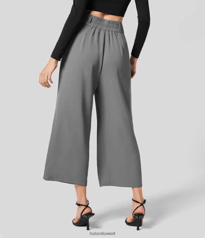 ملابس البارود الرمادي TDP4N178 نحيف Halara سروال بدلة عمل قصير بأزرار عالية الخصر وجيب جانبي مطوي وساق واسعة