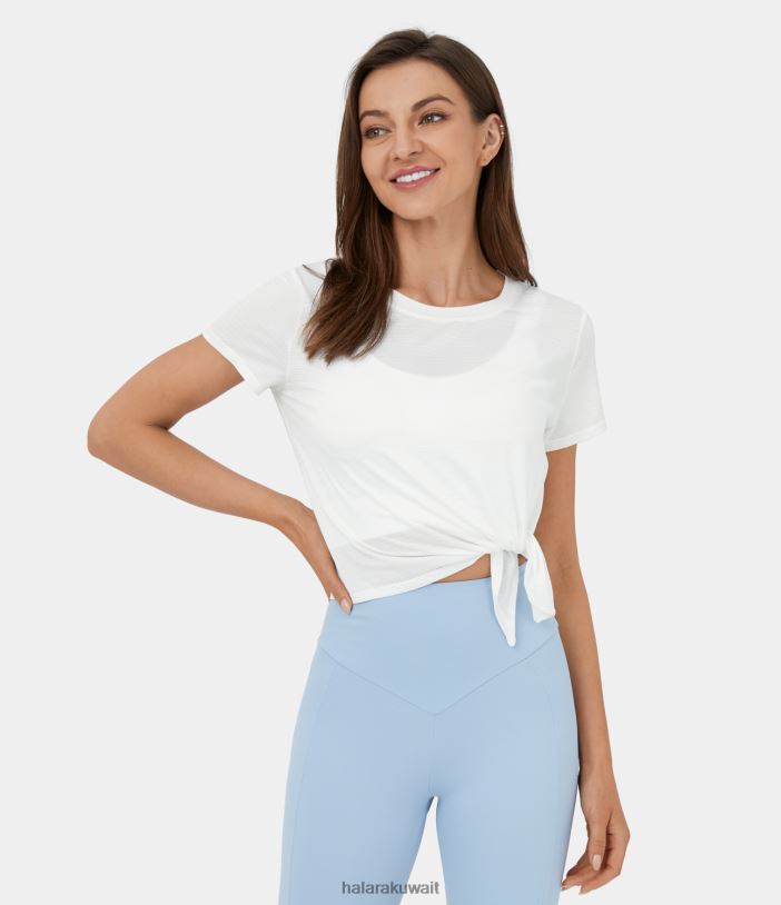 ملابس رياضية أبيض TDP4N1798 نحيف Halara بلوزة رياضية قصيرة الأكمام شفافة من قماش الجاكار وحاشية مقسمة غير متماثلة
