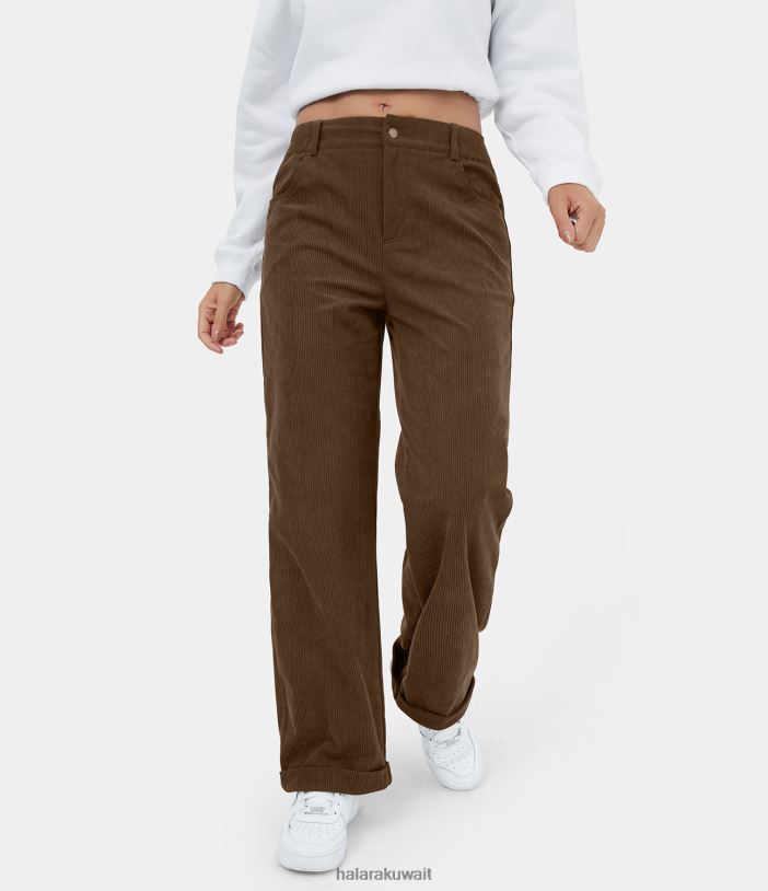 ملابس خشب بني محروق TDP4N179 نحيف Halara سروال قصير بأزرار وجيب وسحاب عالي الخصر وساق واسعة