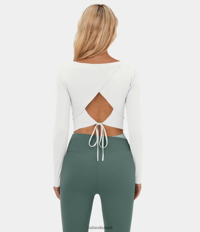 ملابس رياضية أبيض TDP4N1801 نحيف Halara بلوزة رياضية للرقص باليه بأكمام طويلة بدون ظهر وربطة عنق من الخلف
