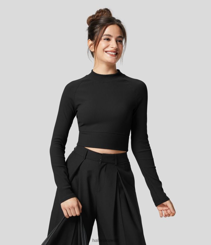 ملابس رياضية أسود TDP4N1802 نحيف Halara سترة رياضية كاجوال بأكمام طويلة ورقبة وهمية مضلعة من Softlyzero