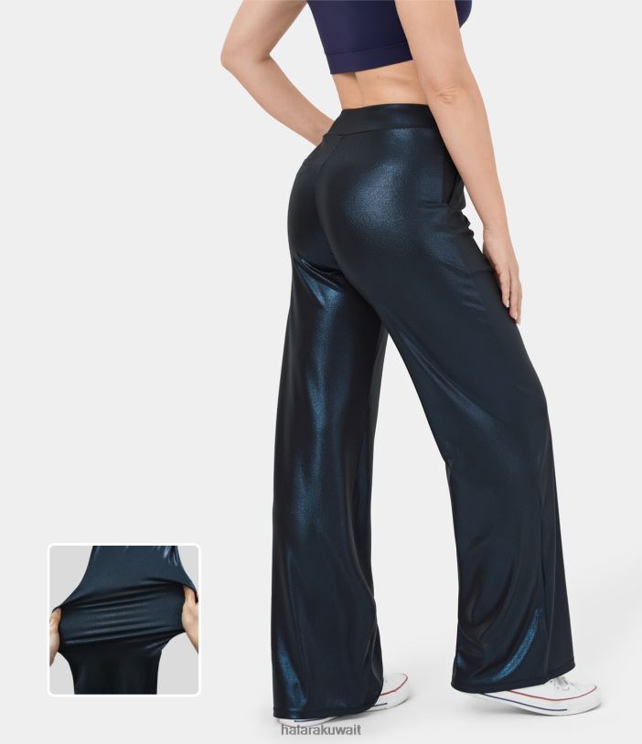 ملابس لامعة منتصف الليل الأزرق TDP4N180 نحيف Halara سراويل يوجا من الجلد الصناعي بطبعة فويل وجيب جانبي متوسط ​​الارتفاع وقابلة للتمدد وواسعة الساق من Softlyzero
