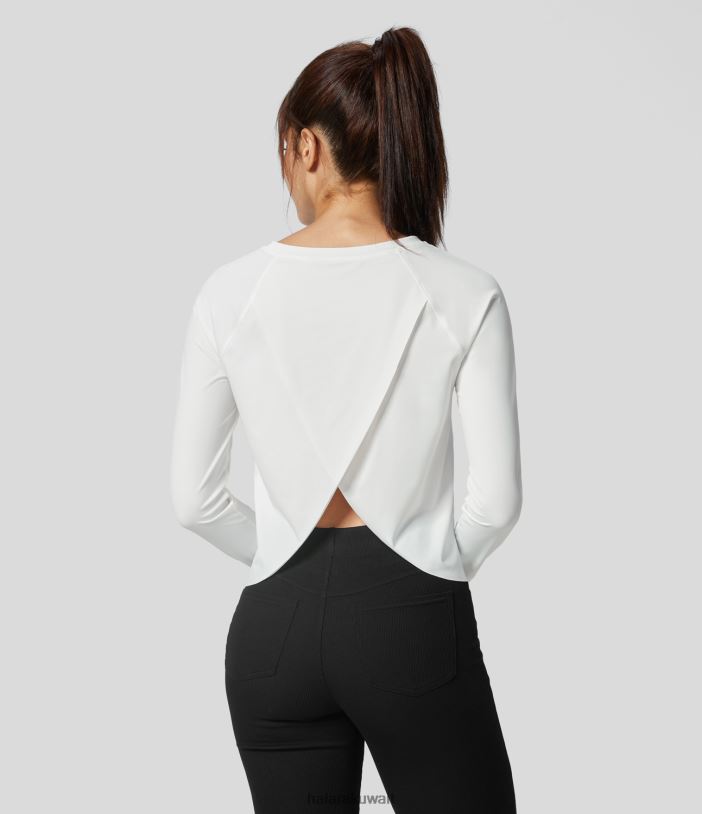 ملابس رياضية أبيض TDP4N1815 نحيف Halara بلوزة رياضية لليوجا ذات ملمس رائع وأكمام طويلة وحاشية متباينة من نسيج شبكي متباين