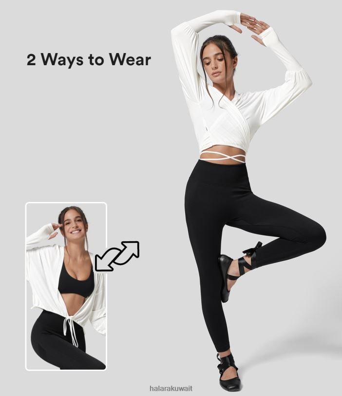 ملابس رياضية أبيض TDP4N1816 نحيف Halara بلوزة رياضية كاجوال برقبة على شكل حرف V وفتحة إبهام وأربطة