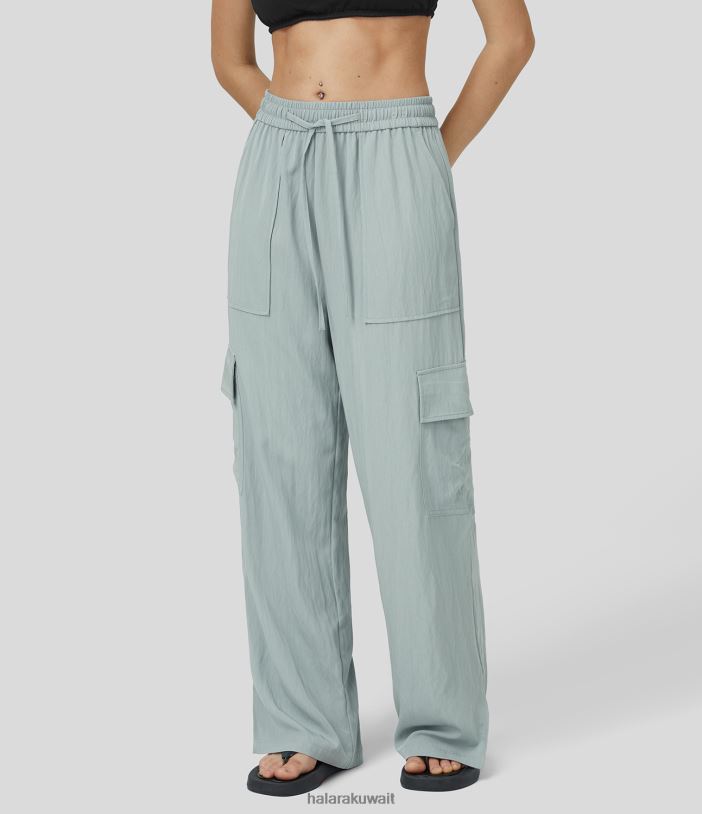 ملابس الميناء الرمادي TDP4N181 نحيف Halara سروال قطني كاجوال برباط مرتفع وجيوب متعددة ومقسمة بأرجل واسعة